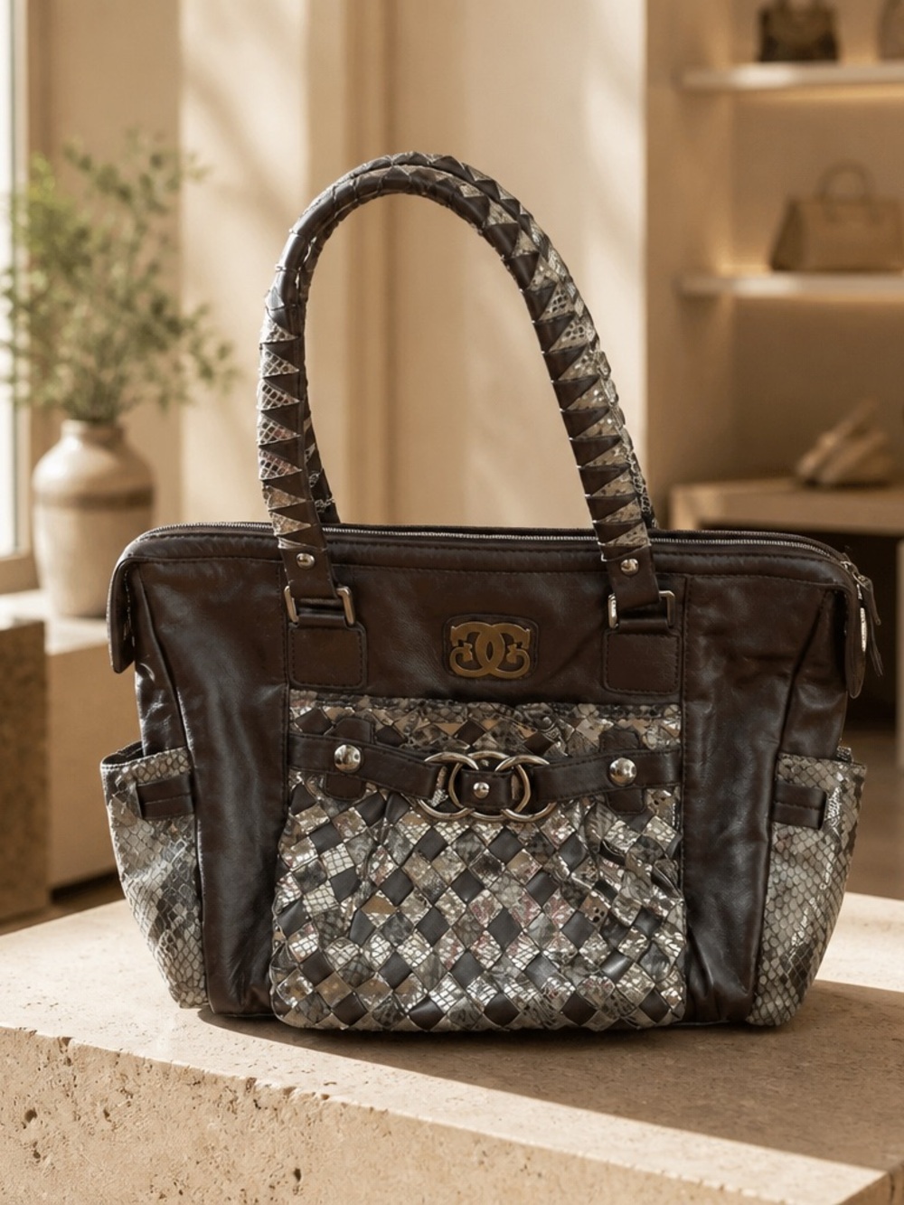 Sharif Woven Accent Dark metallic snakeskin Tote Bag